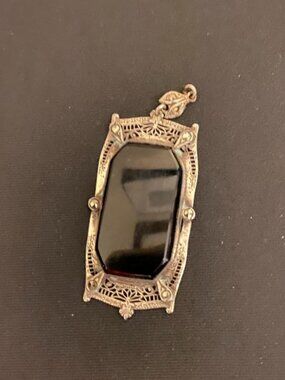 Art Deco Filigree Locket Frame w/ Black Onyx Stone | TESTED STERLING Silver Pend